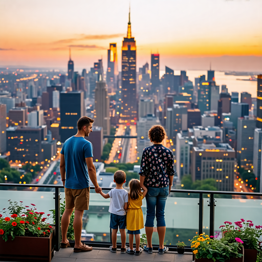 Family of Four Basks in Tranquility at Sunset Over City Skyline