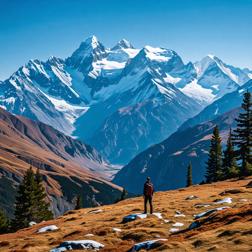 Hiker Contemplates Majestic Mountain Range in Serene Solitude