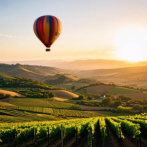 Soaring Serenity: Hot Air Balloon Ride Over Vineyards at Sunset