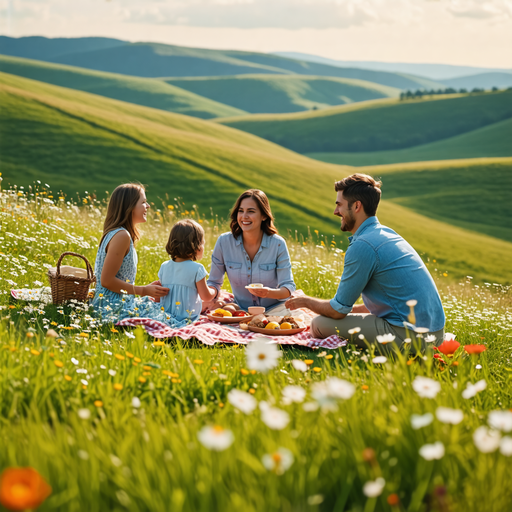 A Joyful Family Picnic Amidst Rolling Hills and Wildflowers