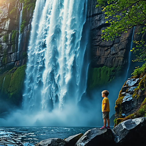 Boy Marvels at Majestic Waterfall in Tranquil Forest