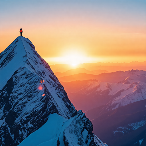 Solitary Figure Conquers Mountain Peak at Dawn