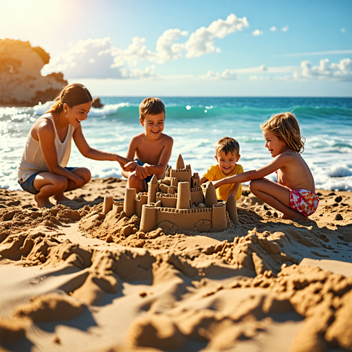 Joyful Moments: Children Building Sandcastles on a Sunny Beach