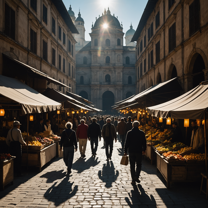 Sun-Drenched European Market: A Vibrant Tapestry of History and Life