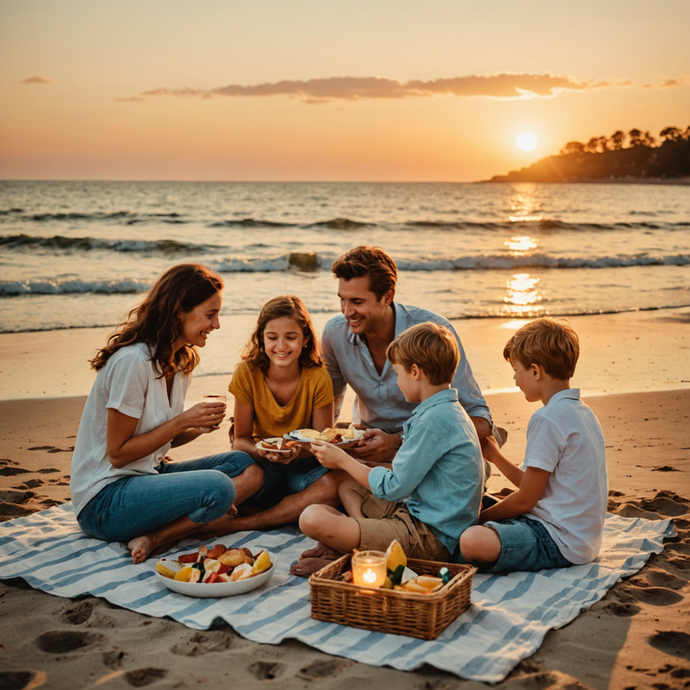 Golden Hour Bliss: Family Picnic Under a Sunset Sky