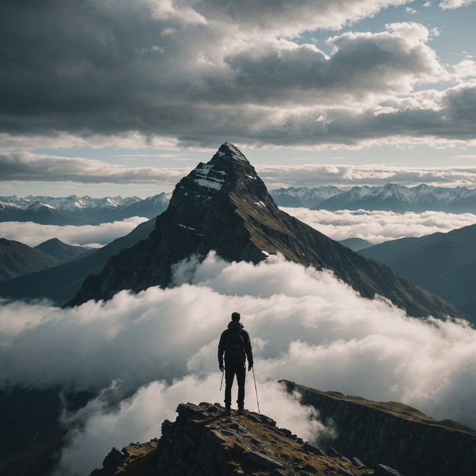 A Solitary Figure Against a Sea of Gold: Witnessing the Majesty of Sunset on the Mountain Peak