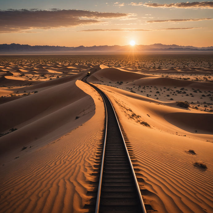 Golden Hour in the Desert: A Train Disappears into the Vastness