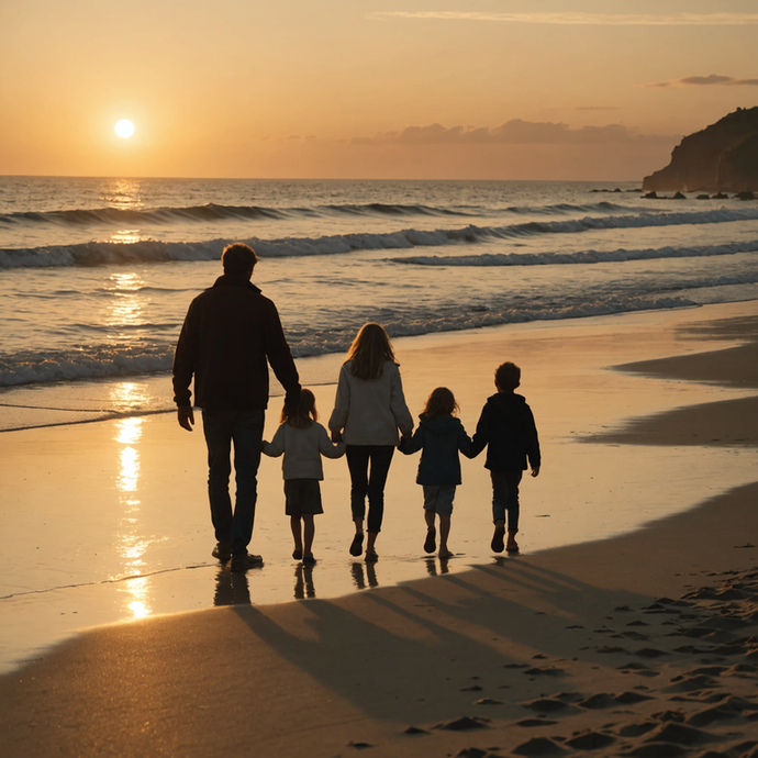 Sunset Silhouettes: A Family’s Tranquil Walk on the Beach