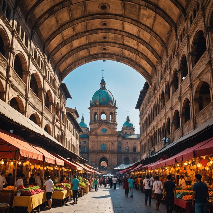 A Vibrant Market Under a Sun-Drenched Archway