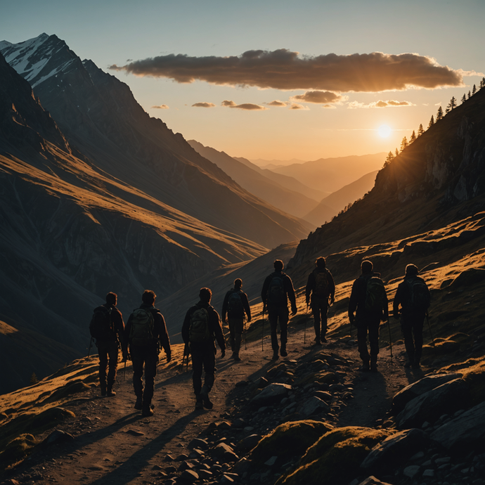 Golden Hour Adventure: Hikers Silhouetted Against a Majestic Sunset