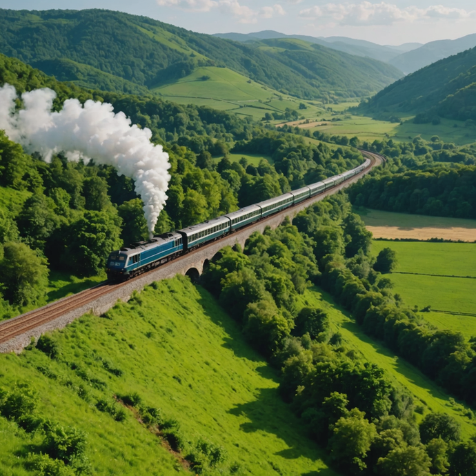 Tranquility in Motion: A Train Journey Through Verdant Hills