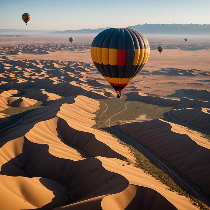 Soaring Serenity: Hot Air Balloons Dance Over a Desert Oasis