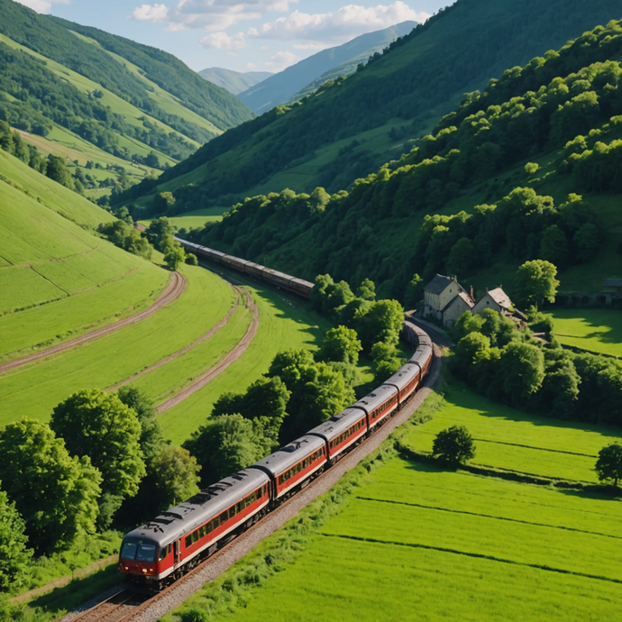 Red Train Winding Through a Tranquil Valley