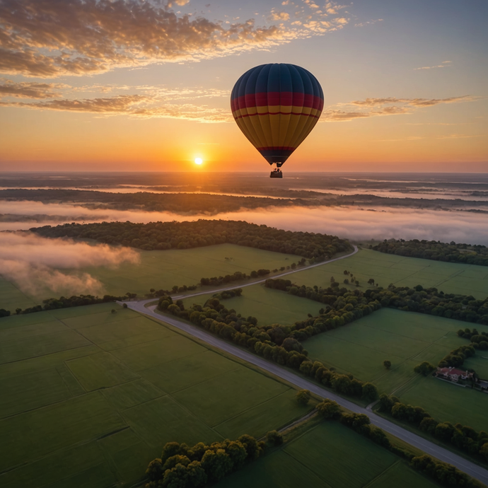 Sunrise Serenity: A Hot Air Balloon Soars Above the Misty Dawn