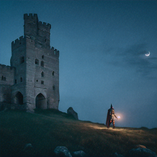 Mysterious Figure Approaches Ancient Castle at Twilight