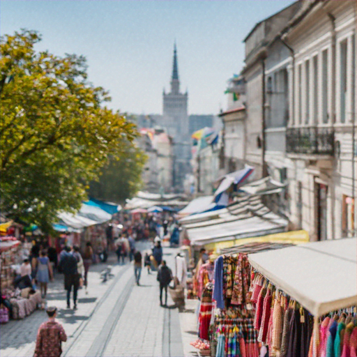 Vibrant Street Market with a Historic Church in the Background