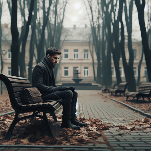 Lost in Thought: A Man’s Melancholy Moment in a Foggy Park