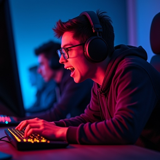 Lost in the Game: A Young Man’s Intense Focus Under Neon Lights