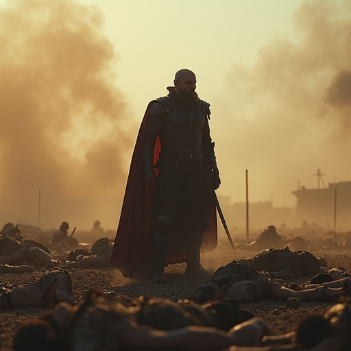 A Lone Warrior Stands Amidst the Ruins of Battle