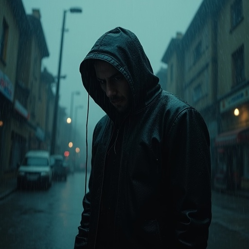 Mystery in the Rain: A Hooded Figure Walks the City Streets