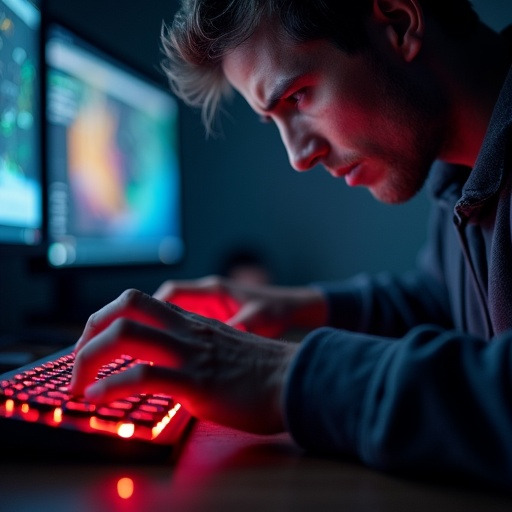 Red Glow of Focus: A Man’s Intensity in the Digital Dark