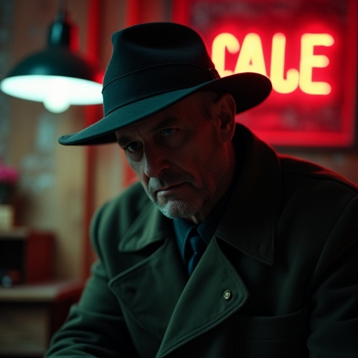 The Man in the Fedora: A Shadowy Figure in the Neon Light