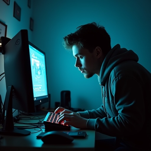 Lost in the Code: A Young Man’s Intense Focus Under Blue Light