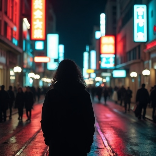 Lost in the Neon Glow: A Solitary Figure Walks the City Streets