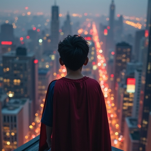 A Little Hero’s Dream: A Silhouette Against the City Lights