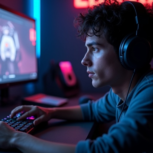 Lost in the Code: A Young Man’s Intense Focus Under Neon Lights