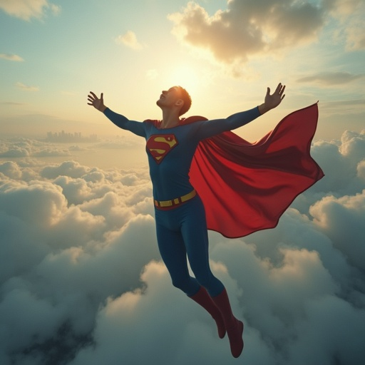 Superman Soars Through the Clouds, Hopeful and Triumphant