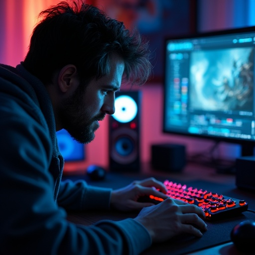 Lost in the Code: A Man’s Intense Focus Under Red Light