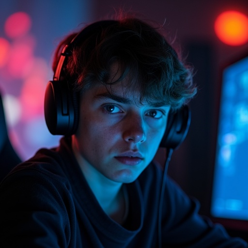 Lost in the Code: A Young Man’s Intense Focus Under Neon Lights