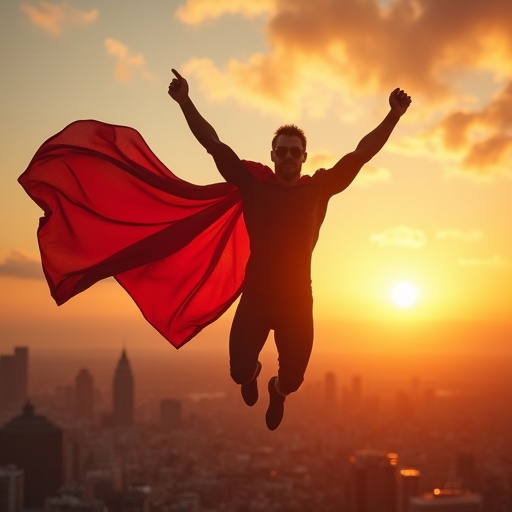 Silhouetted Hero Takes Flight Against a Fiery Sunset