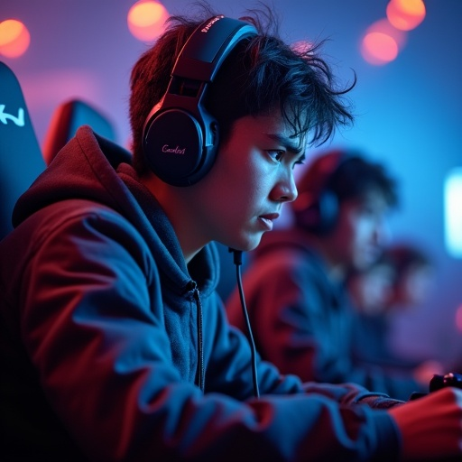 Lost in the Code: A Young Man’s Intense Focus Under Colorful Lights