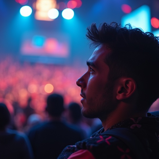 Lost in the Moment: A Man’s Hopeful Gaze Amidst a Dreamy Crowd