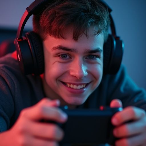 Lit Up by the Game: A Young Gamer’s Joyful Focus