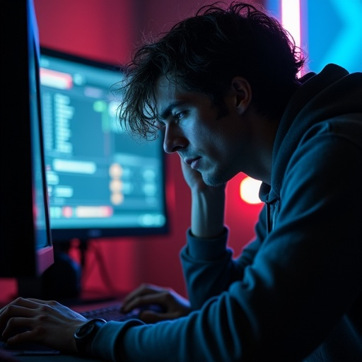 Lost in the Code: A Man’s Focus in the Dark