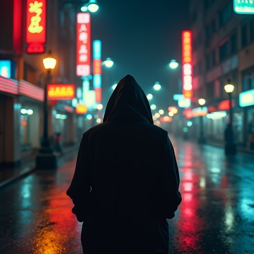 Lost in the Neon Glow: A Mysterious Figure Walks the Night