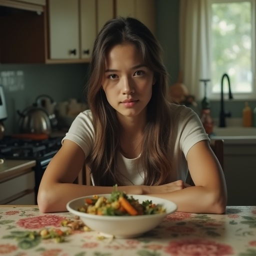 A Moment of Reflection: A Young Woman Contemplates Over a Bowl of Salad