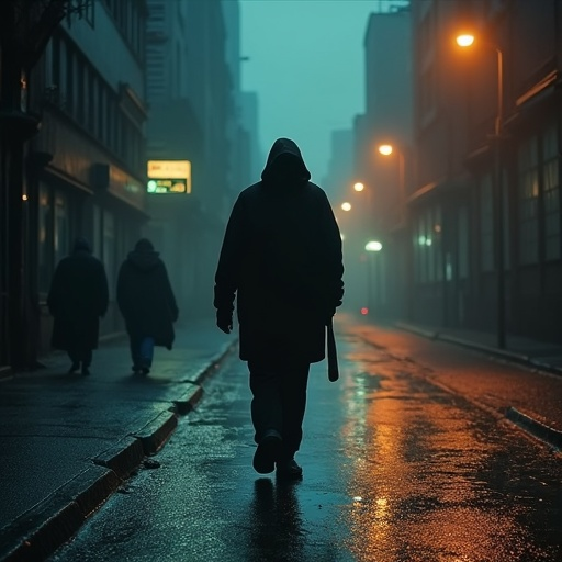 Lost in the Fog: A Solitary Figure Navigates a Mysterious Urban Landscape