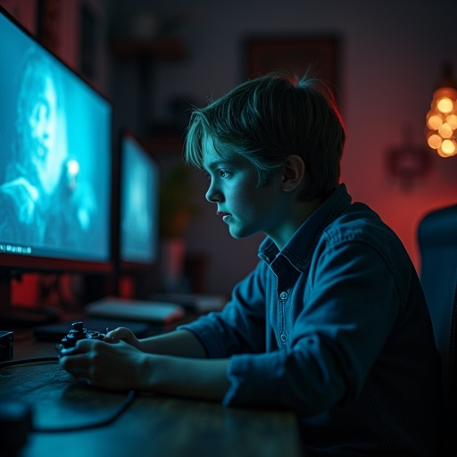 Lost in the Glow: A Boy’s Intense Focus in a Neon-Lit Gaming Session