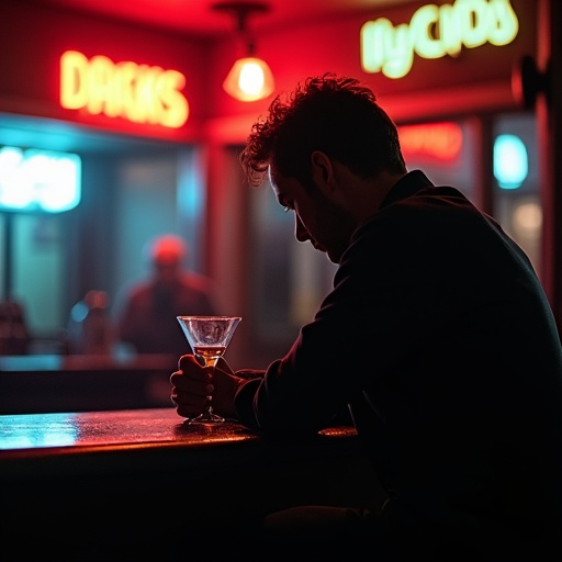 Lost in the Neon Glow: A Man’s Melancholy at the Bar