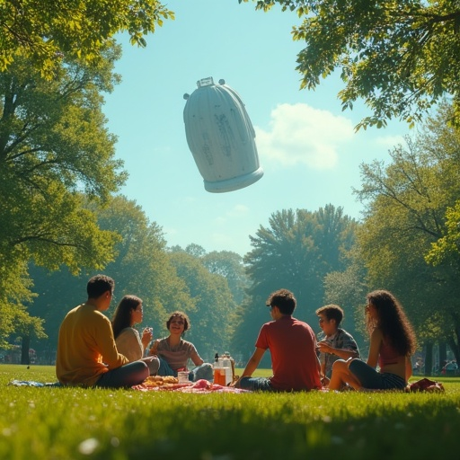 Picnic Mystery: Friends Gather Under a Strange Floating Object