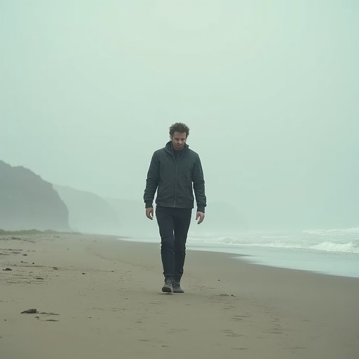 Lost in the Fog: A Man’s Solitary Walk on a Misty Beach