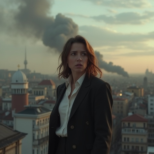 Lost in the Smoke: A Woman’s Pensive Gaze Over the City