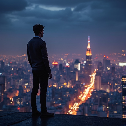 Silhouetted Against the City Lights: A Moment of Contemplation