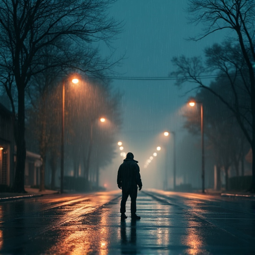 Lost in the Shadows: A Solitary Figure Walks the Wet Streets