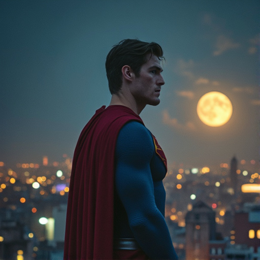 Superman Stands Tall Against the City Lights