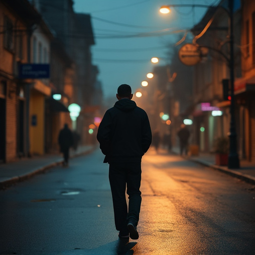 Lost in the Shadows: A Solitary Figure Walks Through the Night